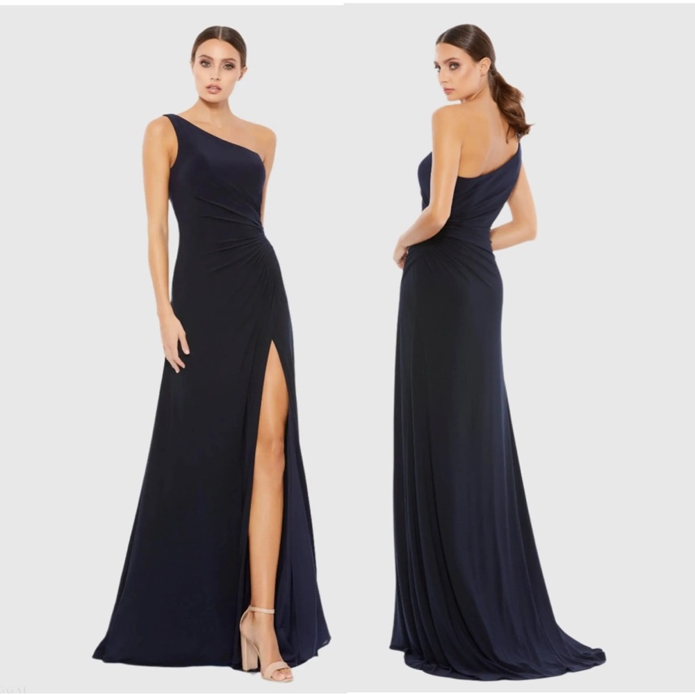 Mac Duggal One-Shoulder Side Draped Jersey Midnight Blue Gown NWT $280 SZ 4